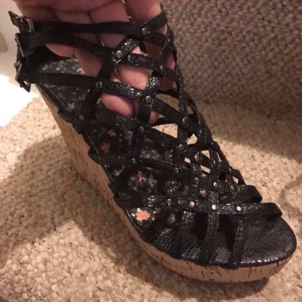 Black Strappy Platform Sandals, Size 8.5